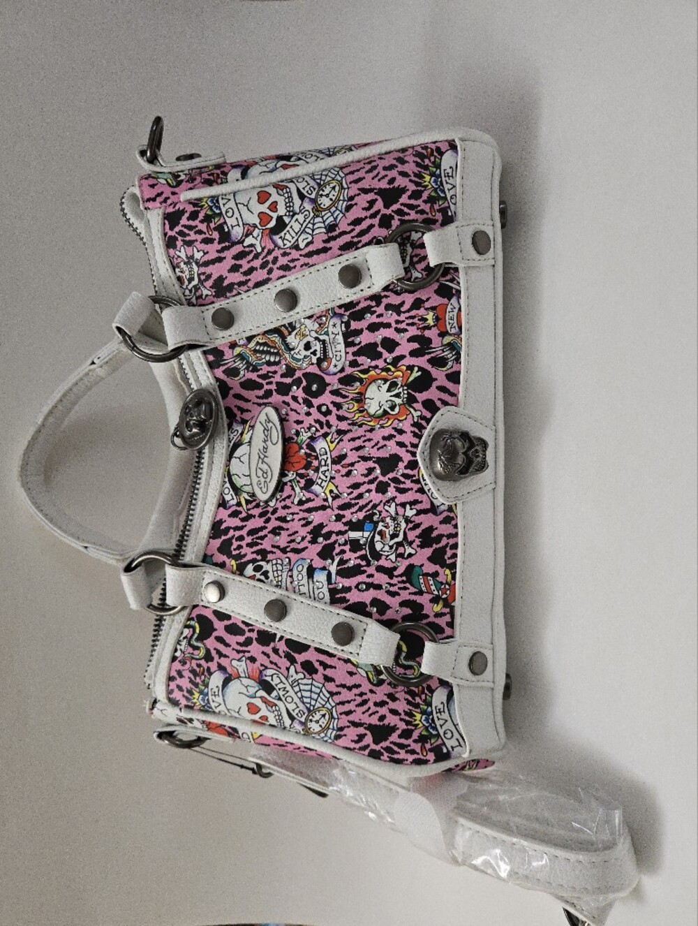 New Ed Hardy Pink Skull Tattoo-Print Shoulder Bag with White Trim
